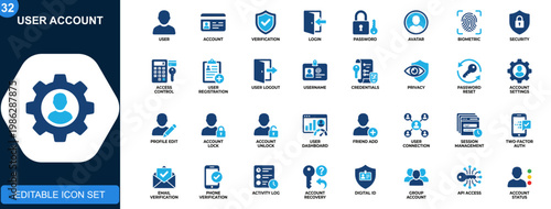 User account icons, profile, login, password, avatar, authentication, security, registration, access control. Solid icons collection. Vector.