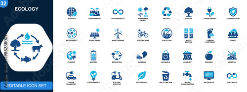 Ecology icon set, environment, sustainability, renewable energy, recycling, biodiversity, green transport, solar, wind, conservation. Solid icons collection. Vector.
