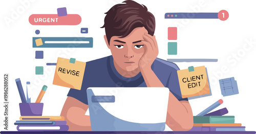 Young man feeling overwhelmed by urgent work tasks and client edits struggling with exhaustion and stress.