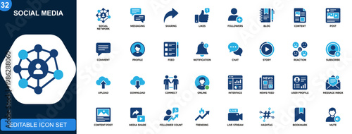 Social media icon set, online network, messaging, sharing, likes, followers, blog, content, digital marketing, community interaction. Solid icons collection. Vector.