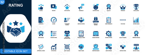 Five star rating icon set, review, feedback, satisfaction, premium quality, customer rating, excellence, approval, VIP service. Solid icons collection. Vector.