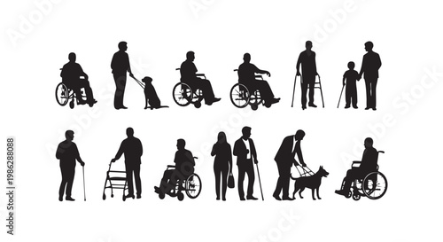 Diverse group of people with disabilities and aids, including wheelchairs, canes, and service animals, demonstrating inclusivity and accessibility.