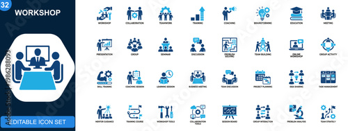 Workshop icon set, team building, collaboration, training, teamwork, coaching, brainstorming, problem solving, education and meetings. Solid icons collection. Vector.