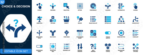 Choice and decision icon set, selection, options, preference, dilemma, alternatives, quiz, direction, planning. Solid icons collection. Vector.