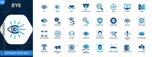 Eye icon set, vision, surveillance, observation, focus, viewing, monitoring, witness, perception. Solid icons collection. Vector.