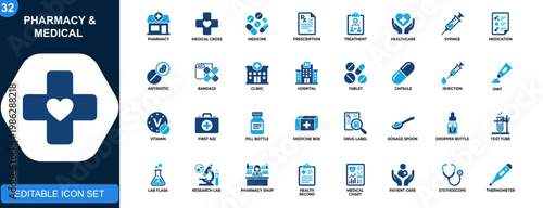 Pharmacy and medical icon set, medicine, prescription, treatment, drug, healthcare, syringe, first aid, pharmaceutical tools. Solid icons collection. Vector.