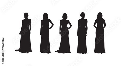 Elegant women in formal gowns standing together, diverse group of ladies in various poses, fashion and beauty collection.