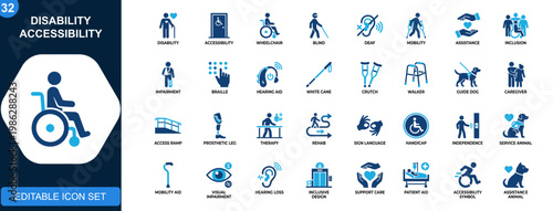 Disability accessibility icon set, wheelchair, blind, deaf, mobility aid, assistive devices, inclusion, caregiver support. Solid icons collection. Vector.