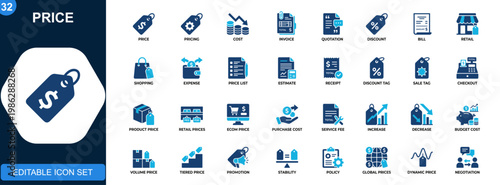 Price icons set, pricing, cost, invoice, quotation, discount, retail, shopping, billing. Solid icons collection. Vector.