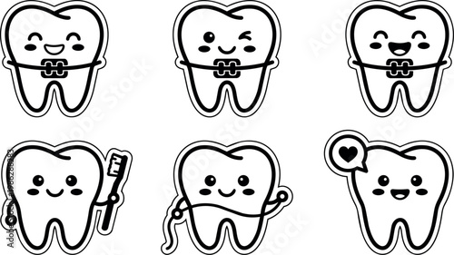 Cute teeth with braces toothbrush floss and heart speech vector art collection