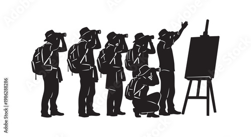 Evolution of observation concept hikers with binoculars looking at easel painting outdoors exploring nature wildlife birdwatching safari.