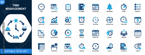 Time management icon set, schedule, task, planner, calendar, reminder, timer, priority, deadline, productivity workflow. Solid icons collection. Vector.