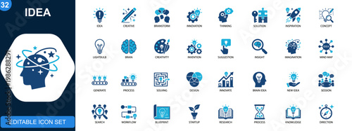 Idea icon set, creative thinking, brainstorming, innovation, solution, lightbulb, brain, inspiration concepts. Solid icons collection. Vector.