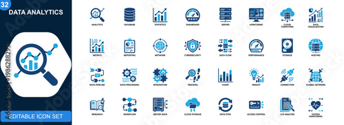 Data analytics icon set, database, statistics, cloud computing, server monitoring, network performance, cybersecurity, business intelligence. Solid icons collection. Vector.
