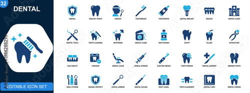 Dental icon set, tooth, dentist, toothbrush, toothpaste, implant, braces, oral care, dental tools, clinic treatment. Solid icons collection. Vector.
