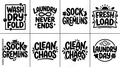 Black and white laundry day phrases with sock gremlins and clean chaos lettering
