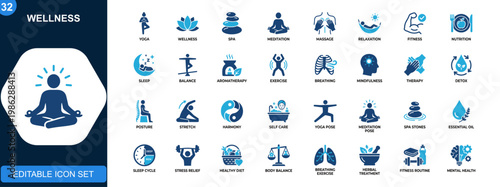 Wellness icon set, yoga, massage, spa, meditation, relaxation, fitness, nutrition, aromatherapy, sleep, balance. Solid icons collection. Vector.