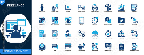 Freelance icon set, remote work, freelancer, home office, client meeting, self employed, productivity workflow. Solid icons collection. Vector.