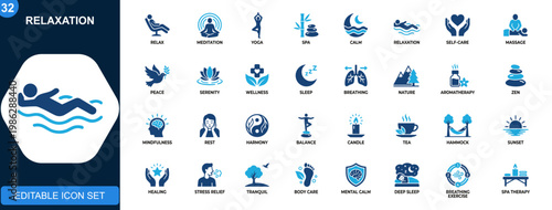 Relaxation icon set, meditation, yoga, spa, calm, selfcare, massage, peace, nature, serenity, sleep, breathing, aromatherapy. Solid icons collection. Vector.