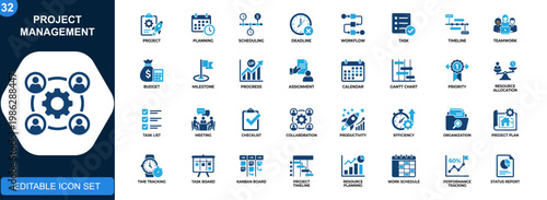 Project management icon set, planning, scheduling, deadlines, workflow, teamwork, budget tracking, task control. Solid icons collection. Vector.