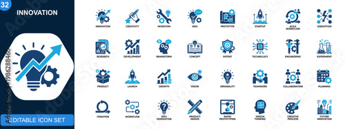 Innovation icon set, creativity, invention, prototype, idea generation, agile workflow, startup, disruption, research and development. Solid icons collection. Vector.