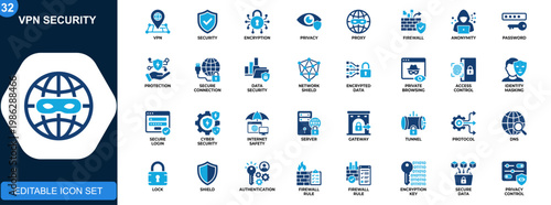 VPN security icon set, secure connection, encryption, privacy, proxy, firewall, anonymity, password protection. Solid icons collection. Vector.