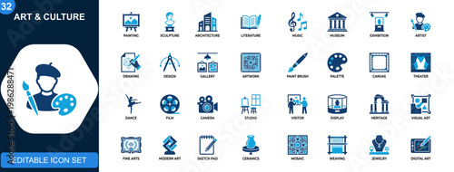 Art and culture icons set, painting, sculpture, architecture, literature, music, museum, exhibition, artist tools. Solid icons collection. Vector.