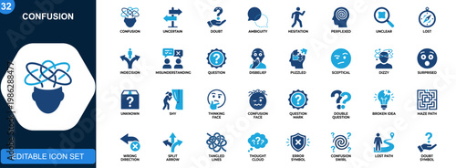 Confusion icon set, uncertain, doubt, ambiguity, hesitation, perplexed, misunderstanding expressions. Solid icons collection. Vector.