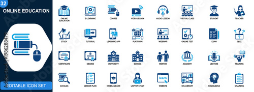 Online education icon set, e learning, video tuition, courses, audio lessons, LMS platform, student learning, virtual classroom, university study. Solid icons collection. Vector.