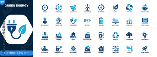 Tableau sur toile Green energy icon set, renewable power, solar, wind, eco electricity, sustainability, environment