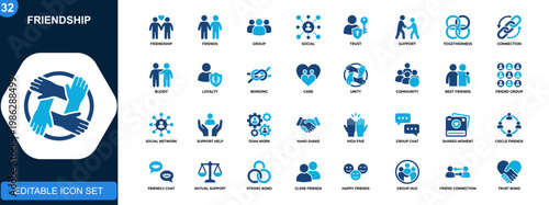 Friendship icons set, friends group, social connection, trust, support, togetherness, buddy, loyalty. Solid icons collection. Vector.