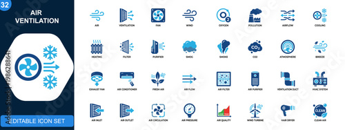 Air and ventilation icon set, air conditioner, fan, wind, oxygen, pollution, airflow, cooling, purification. Solid icons collection. Vector.