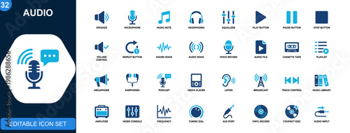 Tableau sur toile Audio icon set, headphones, music, sound, volume, speaker, equalizer, microphone, playback controls, podcast media tools