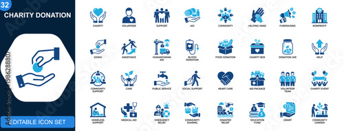 Charity donation icon set, volunteer support, humanitarian aid, community help, fundraising, blood donation, care sharing, nonprofit services. Solid icons collection. Vector.