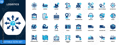 Logistics icon set, shipping, delivery, transportation, cargo, freight, supply chain, route planning, import export operations. Solid icons collection. Vector.