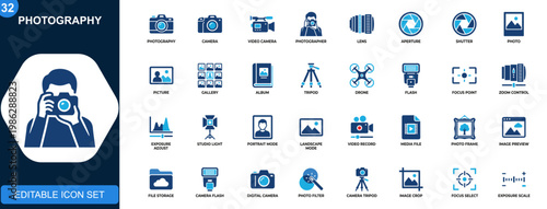 Photography icon set, camera, video, photographer, lens, aperture, shutter, gallery, editing tools. Solid icons collection. Vector.