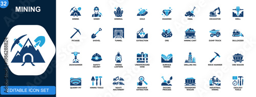 Mining icon set, minerals, gold, diamond, coal, excavator, jackhammer, dump truck, underground extraction tools. Solid icons collection. Vector.