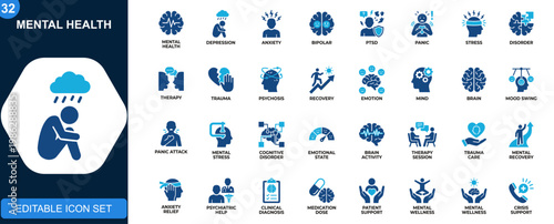Mental health icon set, depression, anxiety, bipolar, PTSD, panic, therapy, trauma, psychosis, recovery, psychology. Solid icons collection. Vector.