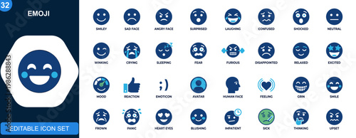 Smiley emoji icon set, happy, sad, angry, surprised, laughing, confused, shocked facial expressions. Outline icons collection. Vector.