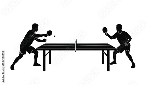 Two male athletes intensely engaged in a dynamic table tennis match showcasing focused concentration and athletic prowess a striking silhouette high quality professional detailed