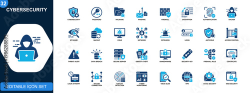 Cybersecurity icon set. Password protection, data backup, malware, phishing, firewall, encryption, authentication, hacker defense. Flat icons collection. Vector.