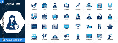 Journalism icons set, news reporting, interview, microphone, reporter, podcast, broadcasting, newspaper, media communication. Solid icons collection. Vector.