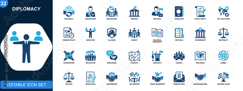 Diplomacy icon set, ambassador, negotiation, embassy, diplomat, consulate, foreign policy, international relations, peace treaty. Solid icons collection. Vector.