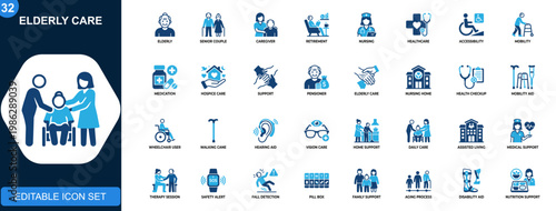 Elderly care icon set, senior, retirement, caregiver, nursing, accessibility, health support, ageing, hospice, mobility assistance. Solid icons collection. Vector.