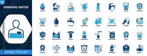 Drinking water icon set, clean water, tap, bottle, hydration, mineral, purified, beverage, wellness. Icons collection. Vector.