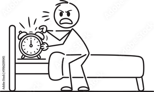 Angry stick figure man in bed shutting off loud alarm clock early morning with waking up