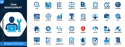 Task management icon set, project workflow, to do list, assignment tracking, multitasking, clipboard tasks, deadline planning. Solid icons collection. Vector.