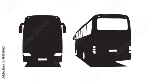 Front and side view of modern bus silhouettes, showcasing transportation vehicle design and passenger travel for public transit and journeys.