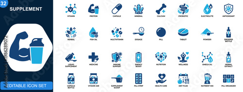 Supplement icons set. Vitamin, protein, capsule, minerals, fish oil, calcium, probiotic, electrolyte, antioxidant, herbal nutrition. Solid icons collection. Vector.