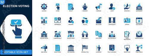 Election voting icon set, democracy, ballot, candidate, campaign, government, voter, referendum, political process. Solid icons collection. Vector.